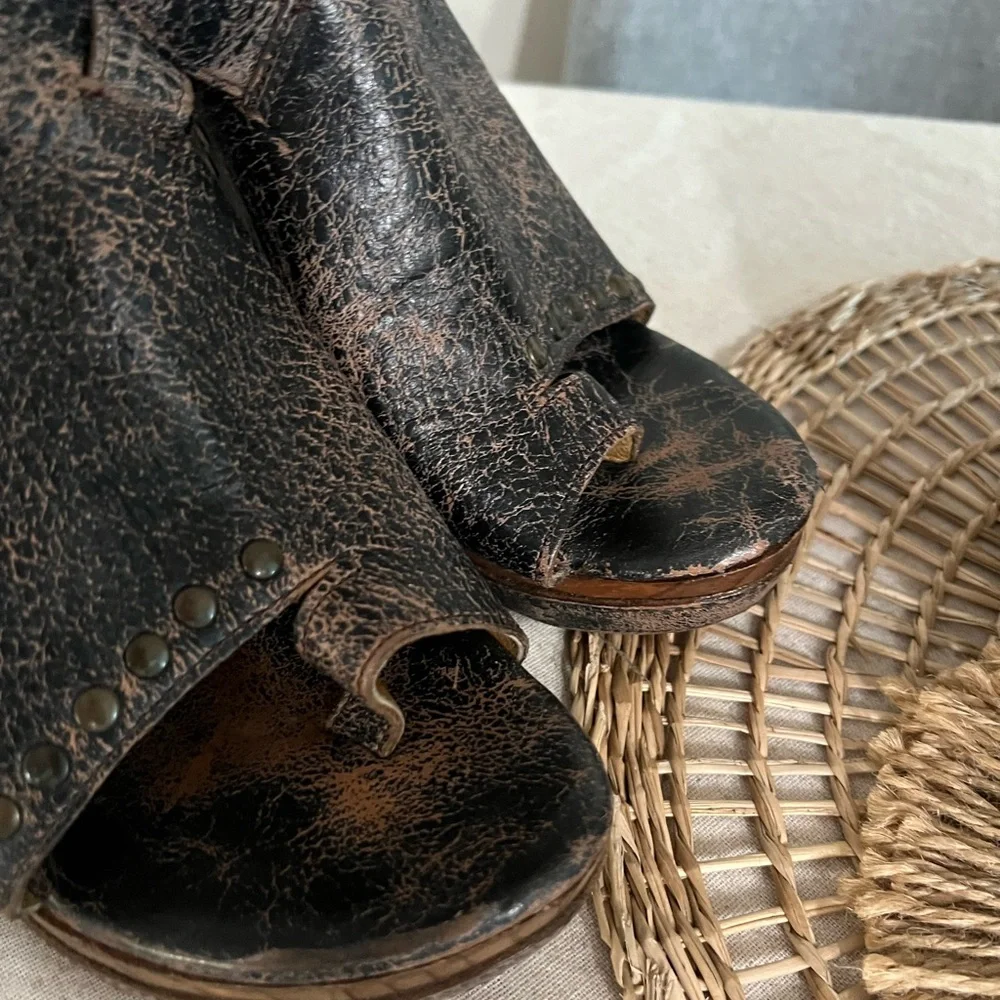 Bed Stu Joanne Distressed Leather Platform Studded Wood Wedge Sandals 9.5 - Picture 10 of 11